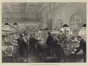 Croquis au bureau de poste général, estampillage et tri des lettres